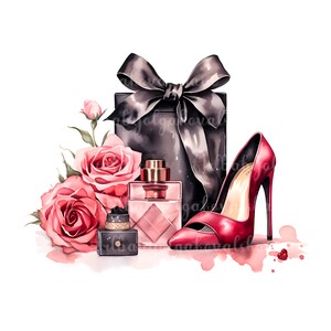 Watercolor Fashion Illustration, Purse Clip art PNG, Perfume, Roses, Fashion Accessories, DIGITAL DOWNLOAD