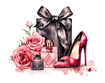 Watercolor Fashion Illustration, Purse Clip art PNG, Perfume, Roses, Fashion Accessories, DIGITAL DOWNLOAD