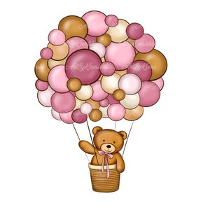 May include: A brown teddy bear wearing a pink bow sits in a wicker basket attached to a hot air balloon made of pink, brown, and white balloons.