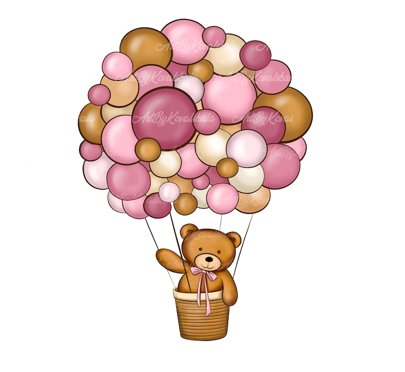 May include: A brown teddy bear wearing a pink bow sits in a wicker basket attached to a hot air balloon made of pink, brown, and white balloons.