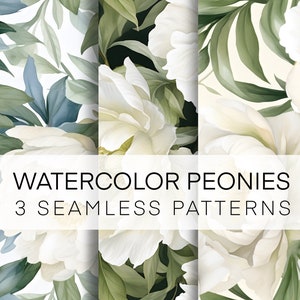 3 Seamless Pattern, Watercolor White Peonies Digital Paper Bundle, Instant Download