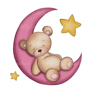 Teddy Bear Clipart, Teddy Bear Sleeping on Moon, Bear PNG, Baby Shower PNG, Digital Download