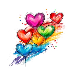 LGBTQ Pride Clipart, Hearts, Gay Pride Flag PNG, Digital Download