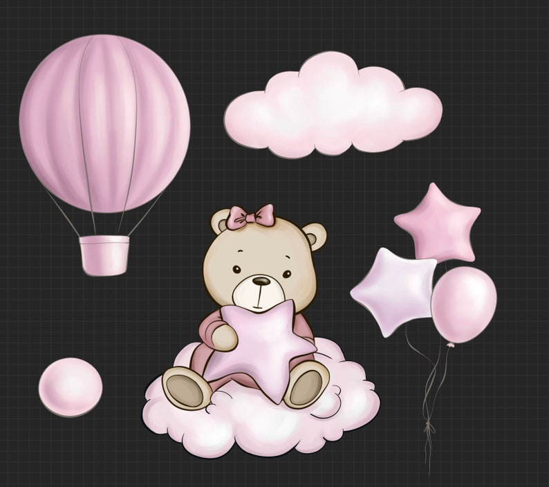 Teddy Bear Clipart: Pink Air Balloon PNG, Baby Shower (digital Download ...