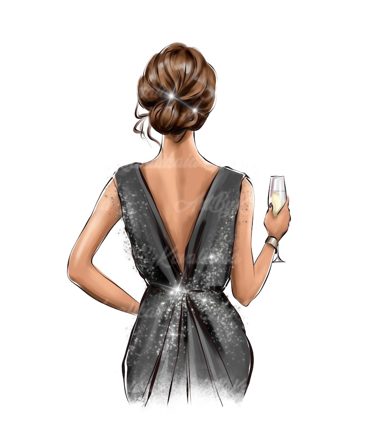 May include: A woman in a black sequined dress with a low back, holding a glass of champagne. She has her hair pulled back in a bun.