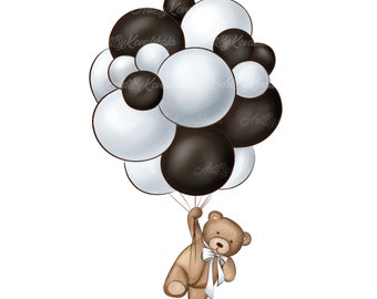 May include: A brown teddy bear holding onto a bunch of black and white balloons. The balloons are tied together with a white ribbon.