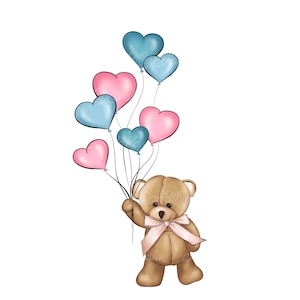 Teddy Bear Clipart, Gender Neutral, Gender Reveal, Teddy Bear with Balloons PNG, Baby Shower, Digital Download