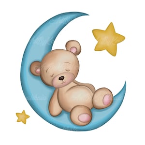 Teddy Bear, Clipart, Teddy Bear Sleeping on Moon, Baby Shower Clipart, Digital Download