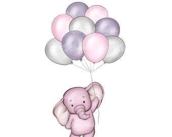 Elefante con globos PNG Clipart: Decoración para baby shower (Descarga digital)