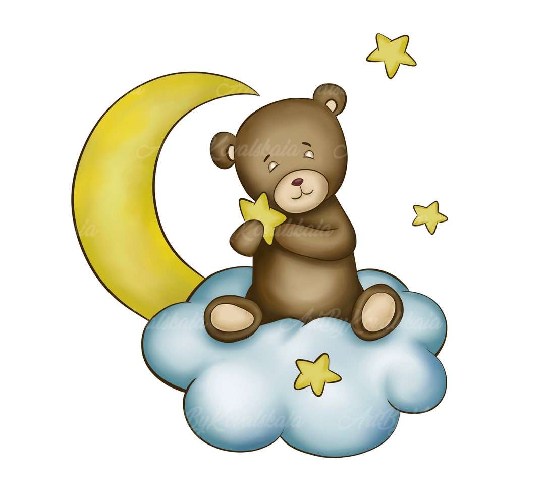 Teddy Bear on Cloud PNG, Moon and Stars Clipart (digital Download ...