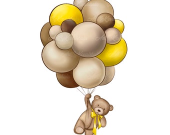 May include: A brown teddy bear holding onto a bunch of yellow and brown balloons. The balloons are tied together with a yellow ribbon.