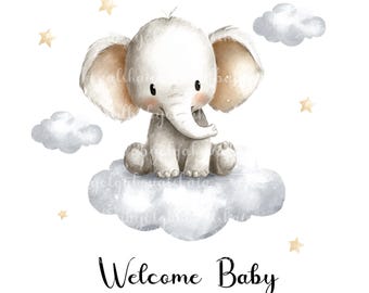 Watercolor Elephant Clipart: Baby Shower PNG, Welcome Baby (Digital Download)