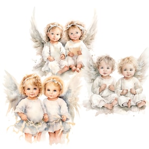 Watercolor Angel Clipart, Child Angel PNG, Twins Baby Shower, Digital Download