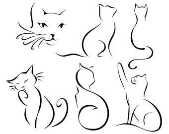 May include: A set of six black and white line drawings of cats in various poses. The cats are stylized and minimalist, with simple lines and curves.