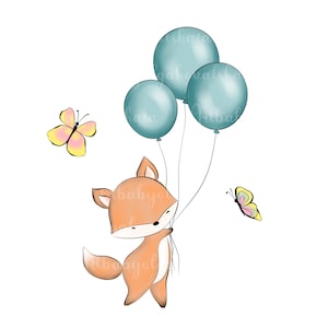 Fox Clipart PNG, Słodki Fox, Balony, Baby Shower Boy, Pobieranie cyfrowe
