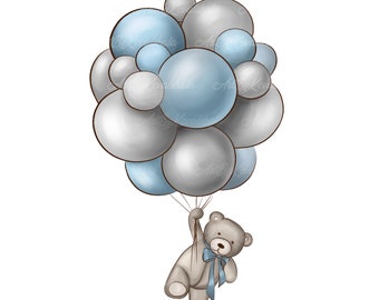 May include: A gray teddy bear holding onto a bunch of blue and silver balloons. The balloons are tied together with a string.