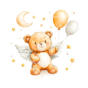 Teddy Bear Clipart, Cute Bear PNG, Balloons, Baby Shower Clipart, Digital Download