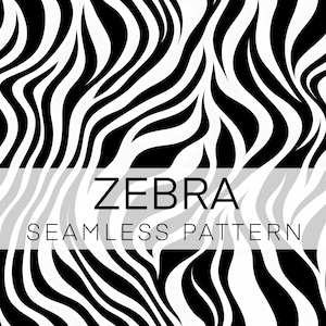 May include: Black and white zebra stripe pattern. Seamless pattern design. "ZEBRA SEAMLESS PATTERN" text is in the center of the image.