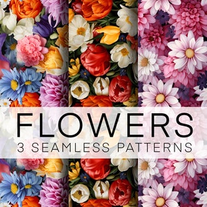 Peut inclure: Trois motifs floraux sans couture avec des fleurs vibrantes rouges, roses et bleues. Les motifs sont parfaits pour les tissus, les papiers peints ou d'autres projets créatifs.