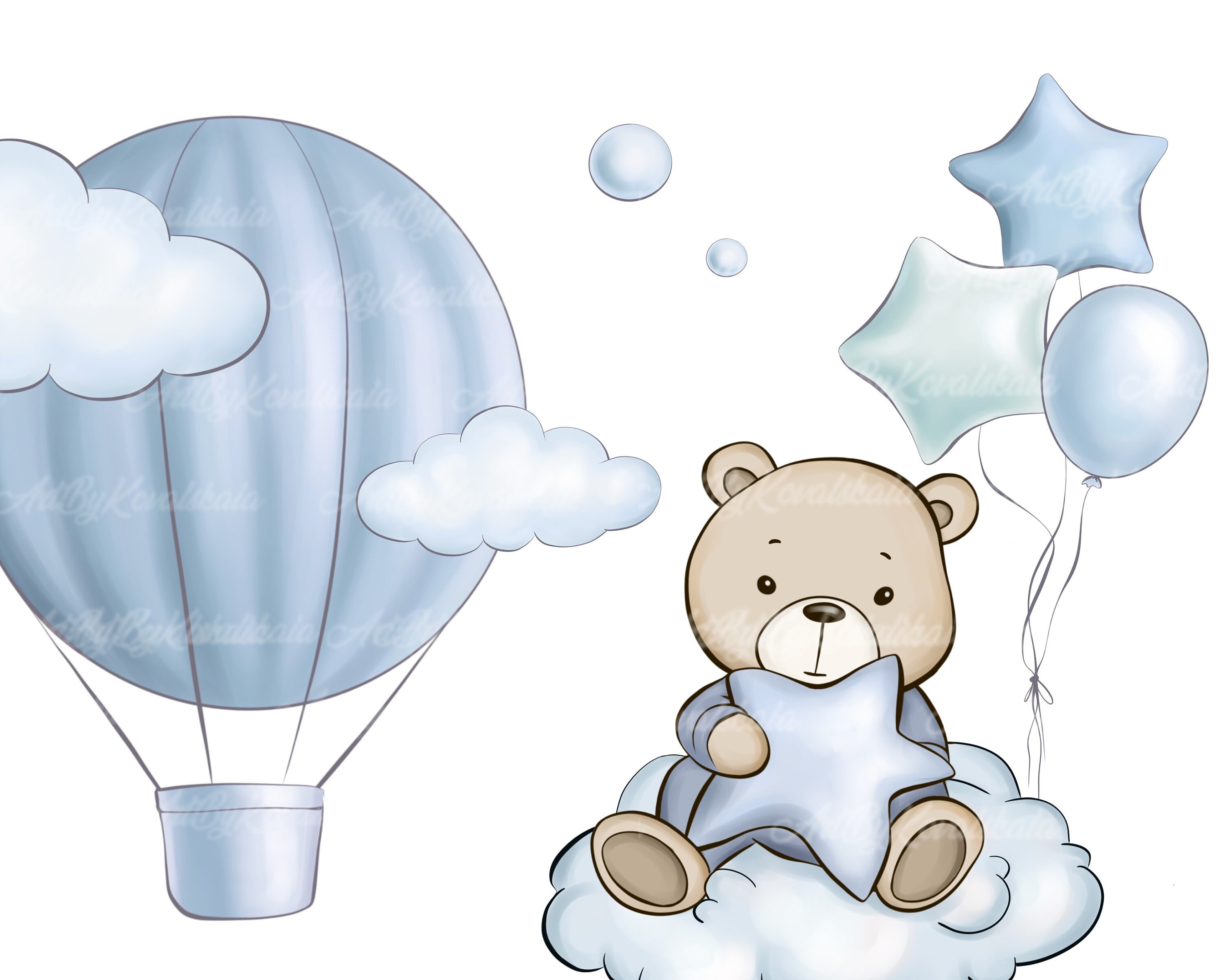 Teddy Bear Clipart: Baby Shower Boy, Air Balloon PNG (digital Download ...