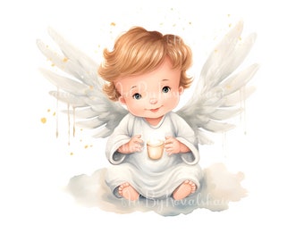 Watercolor Angel Clipart, Child Angel PNG, Baby Shower, Digital Download