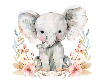 Akvarell elefant clipart: Babyshower PNG (digital nedladdning)