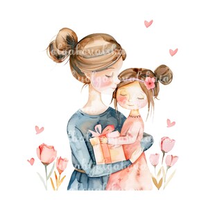 Dia das Mães PNG, Cartão Aquarela, Mãe e Filha, Download Digital