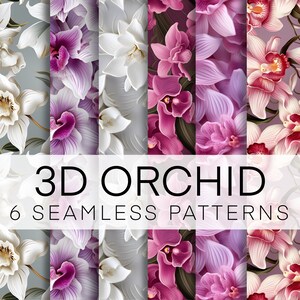 Könnte beinhalten: Sechs nahtlose Muster mit 3D-Orchideenblüten in verschiedenen Schattierungen von Rosa, Lila und Weiß. Die Muster eignen sich perfekt für die Erstellung einzigartiger und eleganter Designs für Stoffe, Tapeten und andere kreative Projekte.