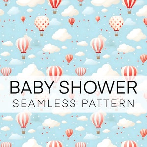 Nursery Boy Baby Shower Digital Paper, Baby Seamless Pattern Clouds, Air Balloon, Instant Download