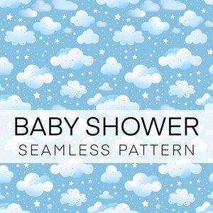 Nursery Boy Baby Shower Digital Paper, Baby Seamless Pattern Clouds, Air Balloon, Instant Download