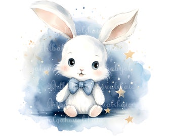 Clipart de conejito de acuarela, lindo conejito PNG, conejo, DESCARGA DIGITAL