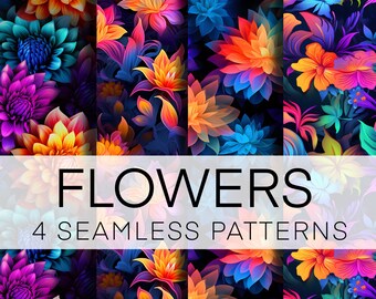Op de afbeelding: Vier naadloze patronen met levendige, kleurrijke bloemen in tinten blauw, paars, oranje en geel. De patronen zijn geplaatst tegen een donkere achtergrond en zijn perfect voor het creëren van unieke en opvallende ontwerpen.