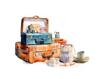 Vacation Clipart PNG, Watercolor Suitcases, DIGITAL DOWNLOAD