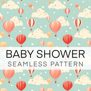 Nursery Boy Baby Shower Digital Paper, Baby Seamless Pattern Clouds, Air Balloon, Instant Download