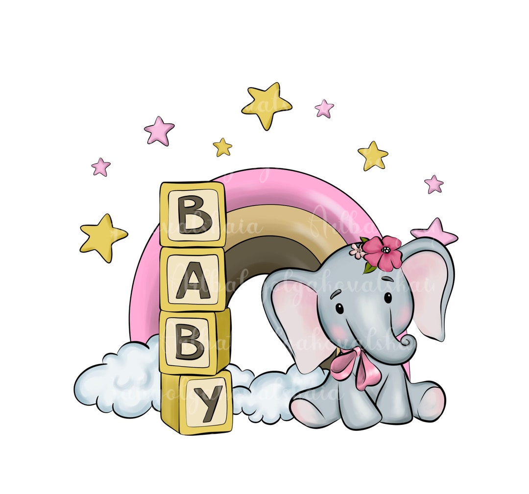 Elephant Clipart, Cute Elephant PNG, Baby Shower Girl, Rainbow, Digital ...