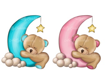 Orsacchiotto che dorme sulla luna Clipart: Baby Shower PNG (download digitale)