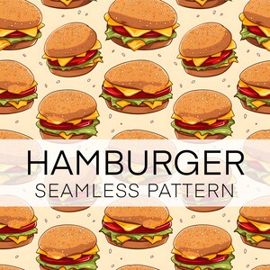 Könnte beinhalten: Ein nahtloses Muster mit Cartoon-Illustrationen von Hamburgern mit Sesambrötchen, Salat, Tomate, Käse und gelbem Hintergrund.