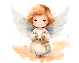 Watercolor Angel Clipart, Child Angel PNG, Baby Shower, Digital Download