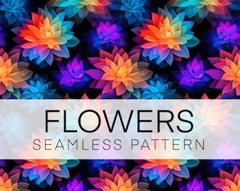 Op de afbeelding: Een naadloos patroon met levendige, kleurrijke bloemen in tinten blauw, paars, oranje en rood. De bloemen zijn gerangschikt in een herhalend patroon op een zwarte achtergrond.