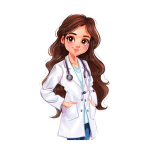 May include: A cartoon illustration of a female doctor with long brown hair wearing a white lab coat and a stethoscope.