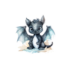 Cute Black Dragon PNG, Watercolor Baby Dragon Clipart, Symbol of 2024, Digital Download