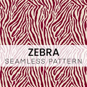 May include: A seamless pattern featuring a repeating zebra stripe design in deep burgundy and cream. A white horizontal band across the centre displays the black text ZEBRA SEAMLESS PATTERN in a clean, sans-serif font, overlaying the animal print.