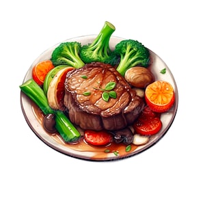 Grilled Steak Clipart PNG, Vegetables, Food Clip art, Digital Download