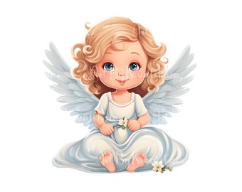 Watercolor Angel Clipart, Child Angel PNG, Baby Shower, Digital Download