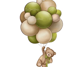 Teddy Bear Clipart, Balloons PNG, Baby Shower, Commercial Use (Digital Download)