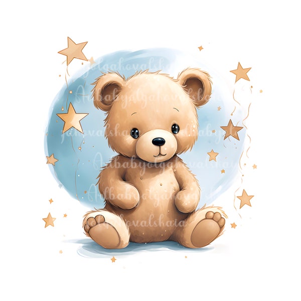 Watercolor Teddy Bear, Stars, PNG, Baby Shower Clipart, DIGITAL DOWNLOAD