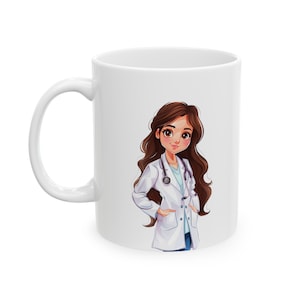 May include: A white ceramic mug with a cartoon illustration of a woman with long brown hair wearing a white lab coat and a stethoscope around her neck. The woman is smiling and has her hands in her pockets.