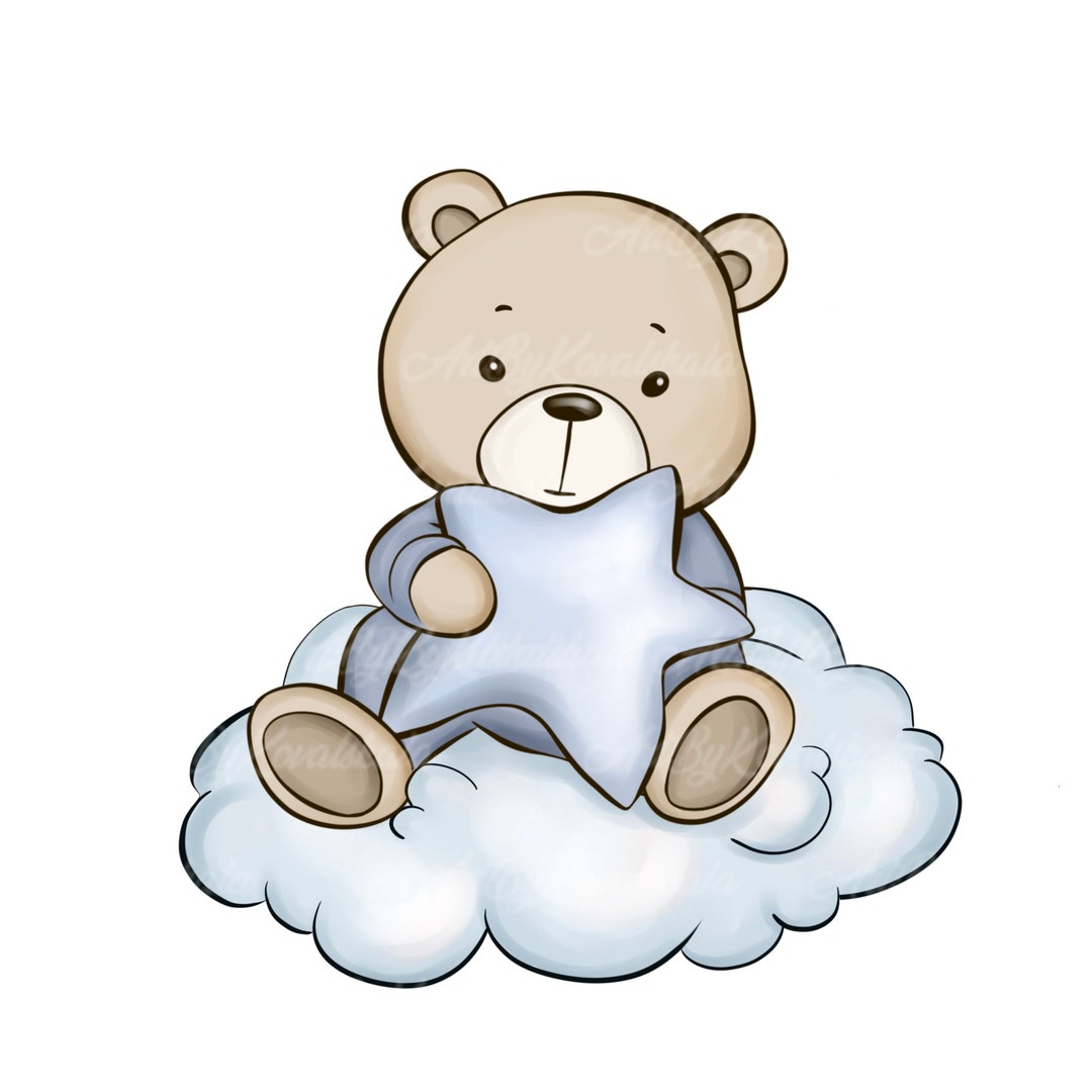 Teddy Bear Clipart, Bear on the Cloud PNG, Baby Shower Boy, Digital ...