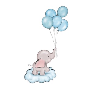 Elephant Clipart, Elephant Baby Shower, Elephant on a Cloud, Balloons PNG, Baby Shower Boy, Digital Download