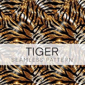 Peut inclure: Un motif sans couture représentant un motif de rayures de tigre avec des accents de paillettes dorées et argentées. Le motif est répété sur toute l'image et comprend le texte "TIGER SEAMLESS PATTERN".